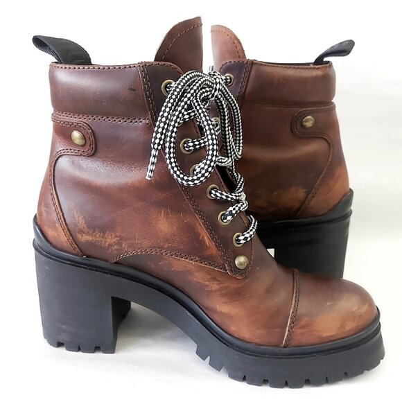 Miu Miu Lace-up Boots EU 37.5 Distressed Leather Block Chunky Heels Alpine Comba - Picture 7 of 15